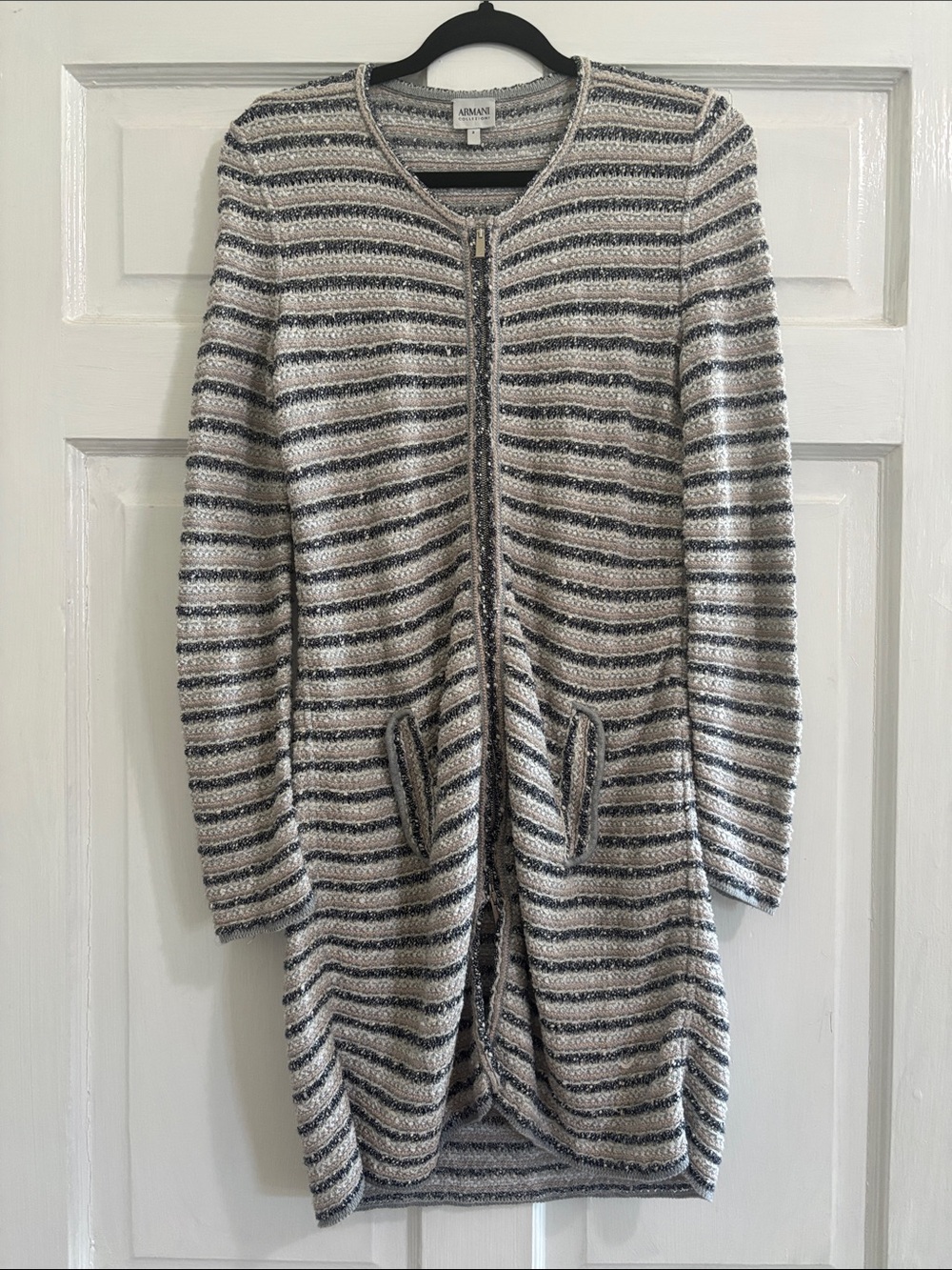 Armani Collezioni Cream and Gray Striped Zip-Up Cardigan
